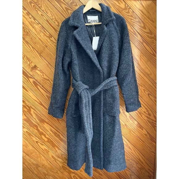 GANNI Boucle Wool Blend Wrap Coat - Picture 3 of 12